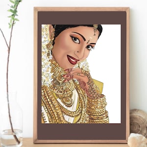 Noiva indiana, noiva malaiala, noiva sul-asiática, casamento indiano, clipart de noiva, cartão de casamento, mehandi, sangeet, noiva hindu, arte desi
