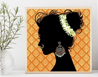Può includere: Una silhouette nera di profilo di donna con una fascia floreale e orecchini decorati su uno sfondo con motivi dorati.