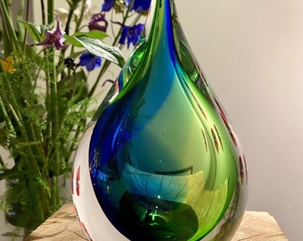 Elegante glasierte blau/grüne Perle, handgemaakte Glasskulptur, Dutch Design