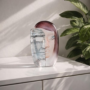 Rzeźba kryształowa kobiety – Mats Jonasson Sweden Art Glass – Skandynawska szklana twarz – Nowoczesny wystrój domu