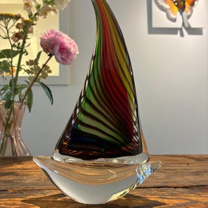 Handmade Murano-Style Glass Boat – Handblown Blue Sailboat Sculpture, Nautical Home Décor, Unique Housewarming & Wedding Gift-Art Glass