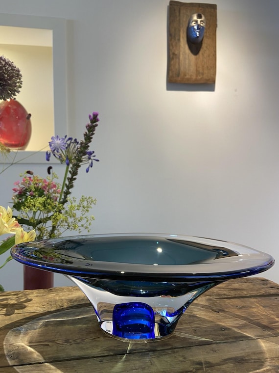 Kosta Boda Art Glass Dish: Goran Warff Signed Crystal Centerpiece