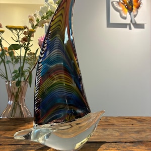 Handmade Murano-Style Glass Boat – Handblown Blue Sailboat Sculpture, Nautical Home Décor, Unique Housewarming & Wedding Gift-Art Glass