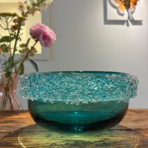 Handmade Crystal Bowl with Icy Texture – Blue-Green Decorative Glass Centerpiece