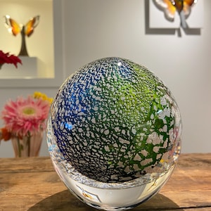 Handmade Swedish Art Glass Sphere: Silverplanet by Roger Johansson