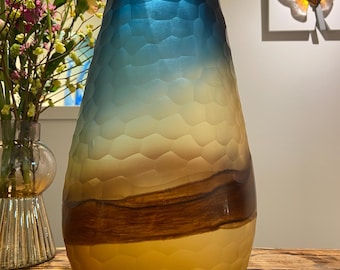 Coastline – Hand-Blown Art Glass Vase: Brown to Blue Gradient Coastal Decor