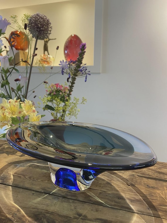 Kosta Boda Art Glass Dish: Goran Warff Signed Crystal Centerpiece