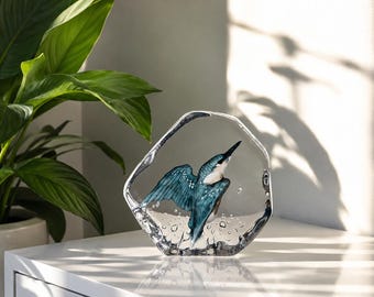 Glas Eisvogel Figur - Handgemachter mundgeblasener Kunstvogel in Aqua, Blau und Orange