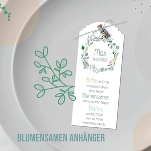 Gastgeschenk Blumensamen Anhänger "B80 Blätterkranz mit Name", Minigläschen mit Blumensamen zur Taufe, Einschulung, Hochzeit, Kommunion