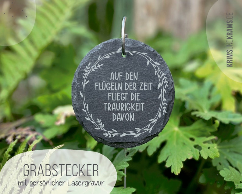 Grabstecker aus Schiefer mit Wunschtext Gravur: Kranz Auf den Flügeln . Grabschmuck . Grabdekoration . Schieferplatte . Trauergeschenk zdjęcie 1