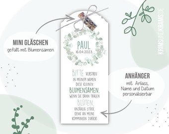 Gastgeschenk Blumensamen Anhänger "B08b Eukalyptus grüne Blätter", Minigläschen mit Blumensamen, Taufe, Kommunion, Hochzeit, Einschulung