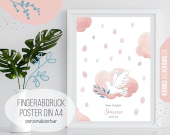 Fingerabdruck Gästeposter . Format DIN A4 . F89 Taube aquarell rosa . Poster personalisiert für Fingerprint . Gästebuch . Taufe . Kommunion