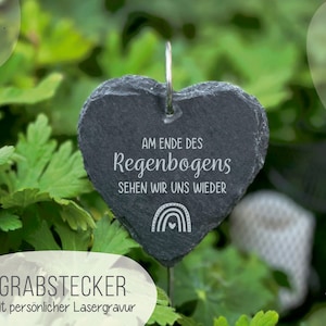 Herz-Grabstecker aus Schiefer mit Wunschtext Gravur: Am Ende des Regenbogens sehen wir uns wieder .  Grabschmuck . Grabdeko . GS24h