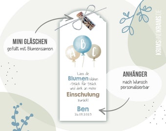 Gastgeschenk Blumensamen Anhänger B58f blau beige Ballons Minigläschen mit Blumensamen zur Einschulung