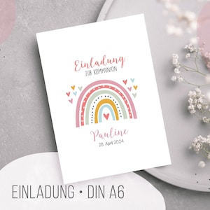 Einladungskarte . Regenbogen rosa gelb mit Herzchen . Farbvarianten . DIN A 6 Klappkarte . Einladung zur Taufe oder Kommunion . EK23