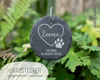 Grabstecker aus Schiefer mit Wunschtext Gravur: Pfote mit Herz . Grabschmuck . Grabdekoration . Schieferplatte . Trauergeschenk