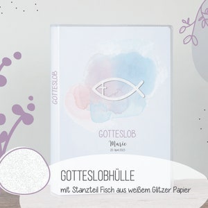 Gotteslob Hülle . GX01 Aquarell rosa lila mit Glitzer Fisch . personalisiertes Kommunion Geschenk katholisches Gesangbuch . Gebetbucheinband afbeelding 1