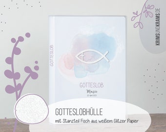 Gotteslob Hülle . GX01 Aquarell rosa lila mit Glitzer Fisch . personalisiertes Kommunion Geschenk katholisches Gesangbuch . Gebetbucheinband