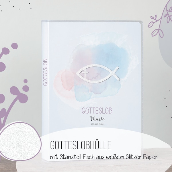 Gotteslob Hülle . GX01 Aquarell rosa lila mit Glitzer Fisch . personalisiertes Kommunion Geschenk katholisches Gesangbuch . Gebetbucheinband