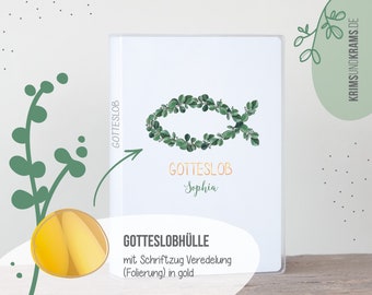 Gotteslob Hülle . GX20 Eukalyptus Fisch mit goldener Schrift . personalisiertes Kommunion Geschenk . Gebetbuchhülle . Gesangbucheinband