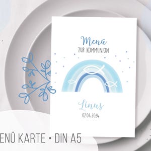 Menükarte . Regenbogen blau mit Fischen . DIN A 5 Klappkarte . personalisierbare Speisekarte zur Taufe . Kommunion . M68