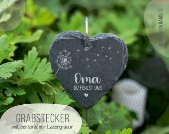 Grabschmuck aus Schiefer mit Wunschtext Gravur: Pusteblume + Name + Du fehlst uns . Herz-Grabstecker . personalisierte Grabdeko . GS23h