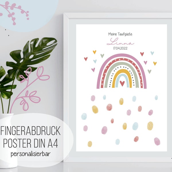 Fingerabdruck Gästeposter . Format DIN A4 . F23 Regenbogen rosa gelb . Poster personalisiert für Fingerprint . Gästebuch . Taufe . Kommunion