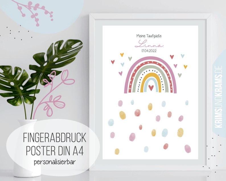 Fingerabdruck Gästeposter . Format DIN A4 . F23 Regenbogen rosa gelb . Poster personalisiert für Fingerprint . Gästebuch . Taufe . Kommunion Bild 1