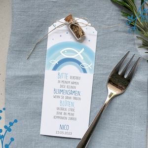 Gastgeschenk Blumensamen Anhänger . Regenbogen blau mit Fischen . Minigläschen mit Blumensamen . Taufe . Kommunion . B68