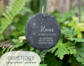 Grabstecker aus Schiefer mit Wunschtext Gravur: Name + Pusteblumen . Grabschmuck . Grabdekoration . Schieferplatte . Trauergeschenk