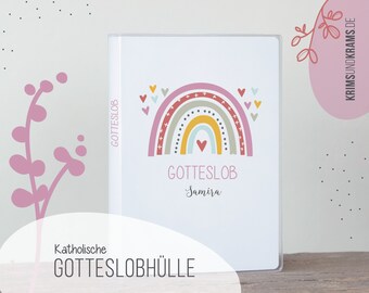 Gotteslob Hülle . G23 Regenbogen rosa gelb mit Herzchen . personalisiertes Kommunion Geschenk