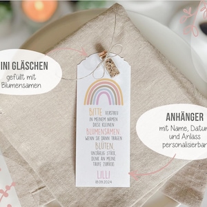 Gastgeschenk Taufe Blumensamen Anhänger &quot;B18 Regenbogen pastell rosa braun&quot;, Minigläschen mit Blumensamen, Taufe, Kommunion, Einschulung