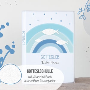 Gotteslob Hülle . G68 Regenbogen blau mit Fischen . personalisiertes Kommunion Geschenk Bild 1