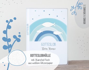 Gotteslob Hülle . G68 Regenbogen blau mit Fischen . personalisiertes Kommunion Geschenk