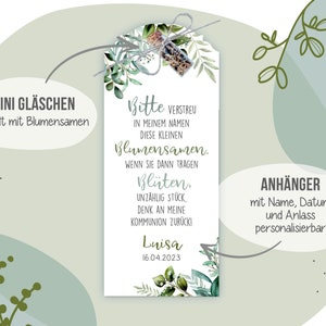 Gastgeschenk Blumensamen Anhänger "B08b Eukalyptus grüne Blätter", Minigläschen mit Blumensamen, Taufe, Kommunion, Hochzeit, Einschulung