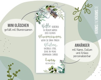 Gastgeschenk Blumensamen Anhänger "B08b Eukalyptus grüne Blätter", Minigläschen mit Blumensamen, Taufe, Kommunion, Hochzeit, Einschulung