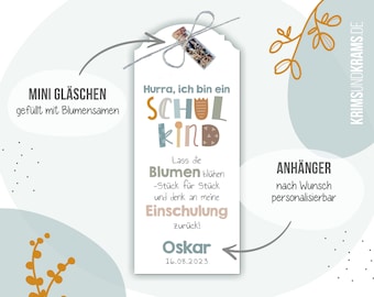 Gastgeschenk Blumensamen Anhänger . B58b Hurra Schulkind . Minigläschen mit Blumensamen zur Einschulung . Idötzchen . Schulanfang