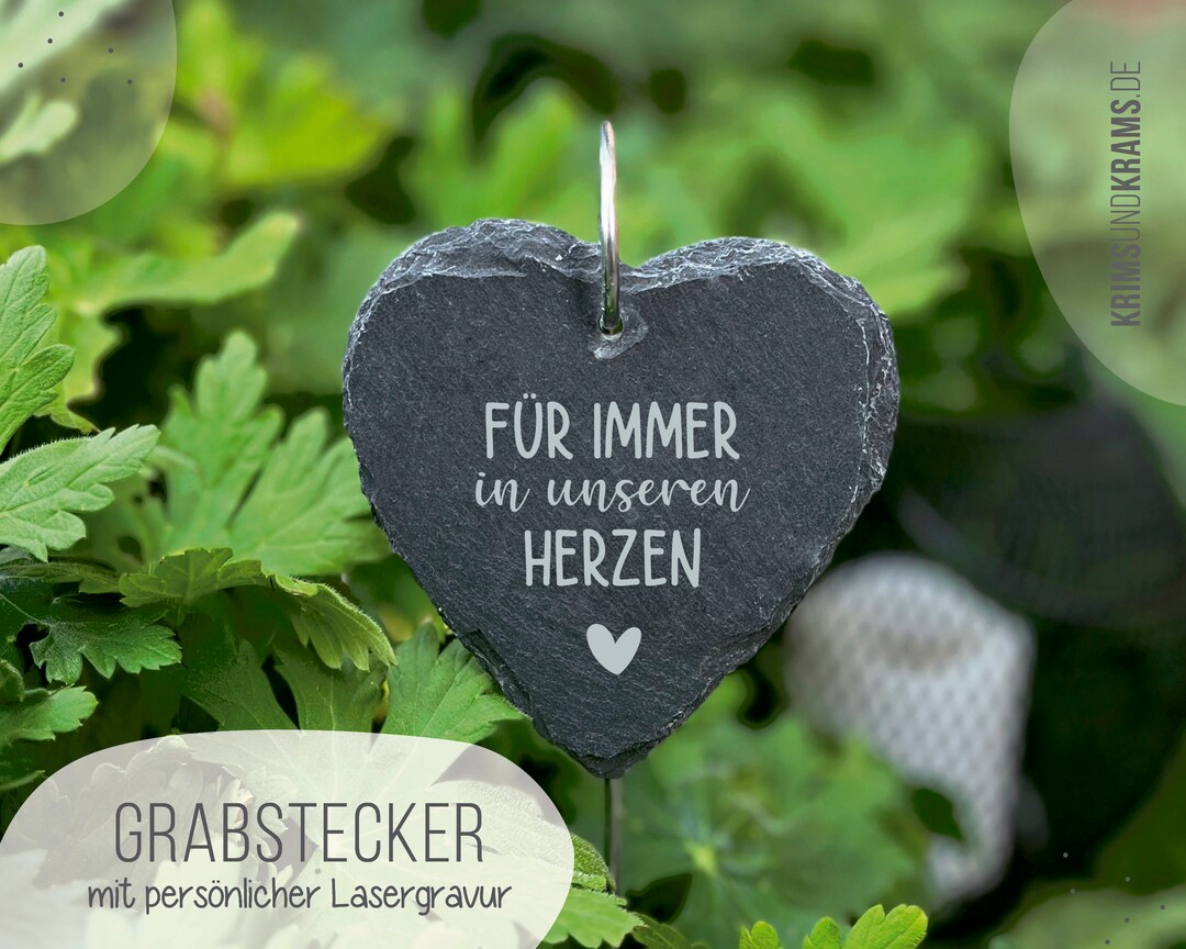 Grabstecker aus Schiefer Herz Wunschtext Gravur Für immer im Herzen
