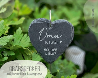 Grabstecker aus Schiefer Herz Wunschtext Gravur: Oma + Du fehlst! + Namen .  Grabschmuck . Grabdekoration . Schieferplatte . Trauergeschenk