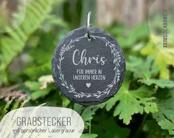 Grabstecker aus Schiefer mit Wunschtext Gravur: Name + Kranz . Grabschmuck . Grabdekoration . Schieferplatte . Trauergeschenk