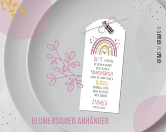 Gastgeschenk Taufe Blumensamen Anhänger "B23 Regenbogen rosa gelb mit Herzchen", Minigläschen mit Blumensamen, Taufe, Einschulung, Hochzeit