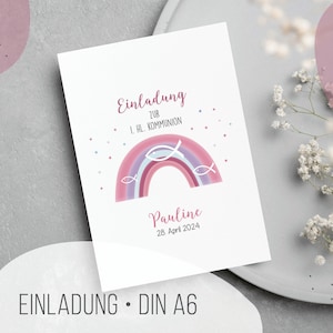 Einladung zur Kommunion . Regenbogen rosa mit Fisch . DIN A 6 Klappkarte . personalisierte Einladungskarte Kommunion . EK67