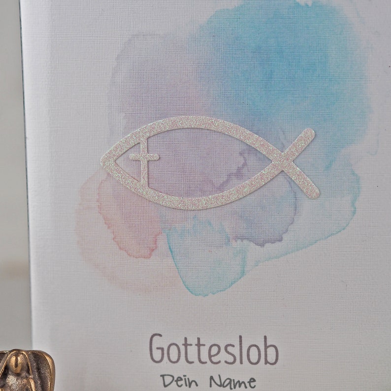 Gotteslob Hülle . GX01 Aquarell rosa lila mit Glitzer Fisch . personalisiertes Kommunion Geschenk katholisches Gesangbuch . Gebetbucheinband afbeelding 4