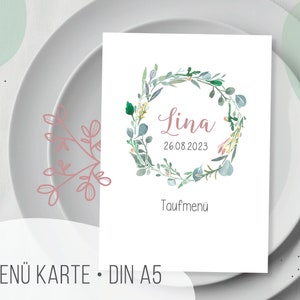 Menükarte M80 Blätterkranz mit Name DIN A 5 Klappkarte, Speisekarte zur Taufe, Kommunion, Einschulung, Hochzeit