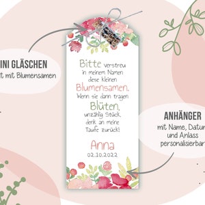 Gastgeschenk Blumensamen Anhänger "B05 rosa Blumen", Minigläschen mit Blumensamen, Taufe, Kommunion, Einschulung, Hochzeit