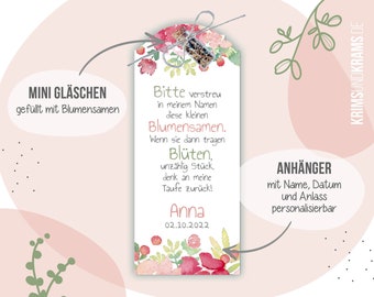 Gastgeschenk Blumensamen Anhänger "B05 rosa Blumen", Minigläschen mit Blumensamen, Taufe, Kommunion, Einschulung, Hochzeit