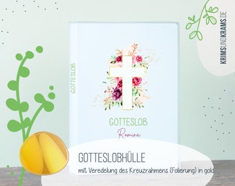 Gotteslob Hülle . GX27 goldenes Kreuz mit Blumenhintergrund . personalisiertes Kommunion Geschenk . Gebetbucheinband . Gesangbuchhülle