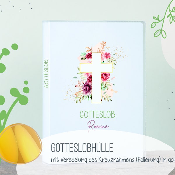 Gotteslob Hülle . GX27 goldenes Kreuz mit Blumenhintergrund . personalisiertes Kommunion Geschenk . Gebetbucheinband . Gesangbuchhülle