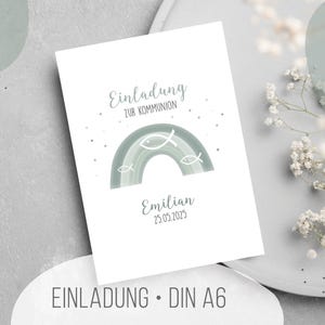 Einladungskarte . Regenbogen eukalyptus mit Fischen . DIN A 6 Klappkarte . Einladung zur Taufe oder Kommunion . EK78