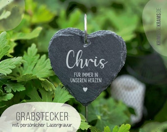 Grabstecker aus Schiefer Herz Wunschtext Gravur: Name + in unseren Herzen . Grabschmuck . Grabdekoration . Schieferplatte . Trauergeschenk